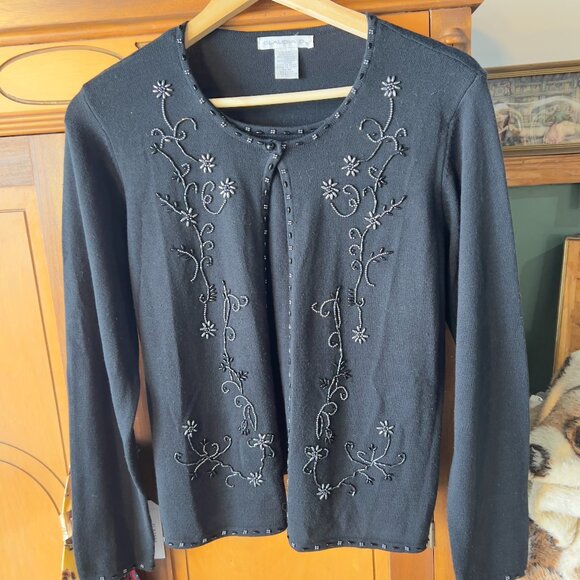 Vintage 1999 Beaded Floral Cardigan Rank Top Set Black Size Medium Y2K 90s - Picture 1 of 10